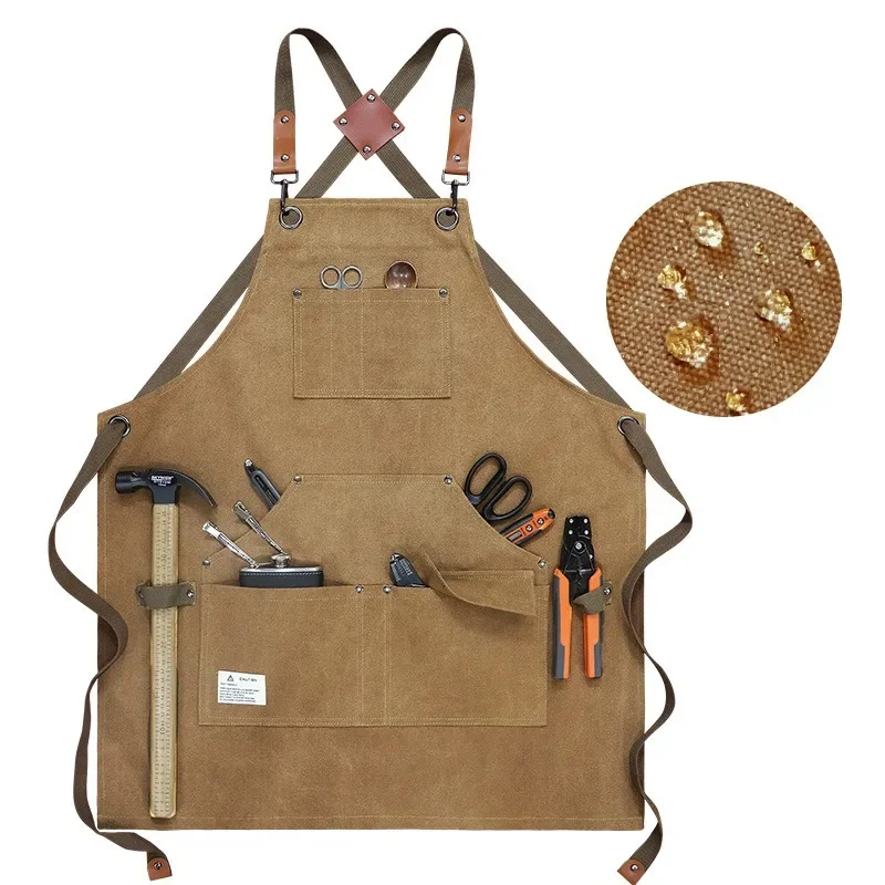 Multi Pocket Canvas Apron, Kitchen Household Waterproofing Canvas Wear-resistant Apron Work Clothes