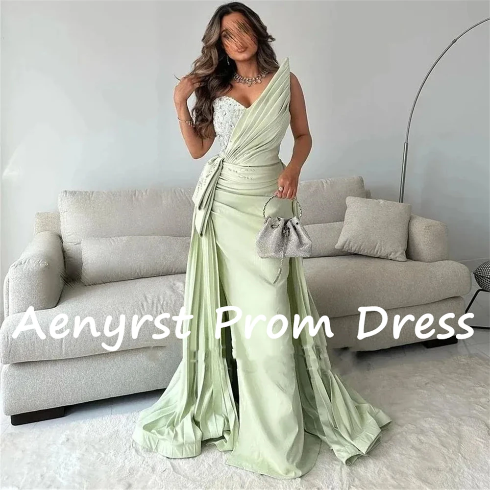 Aenyrst V Neck Pleated Satin Prom Dresses Mermaid Crystal Side Split Evening Gowns Floor Length Party Dress Long فساتين السهرة