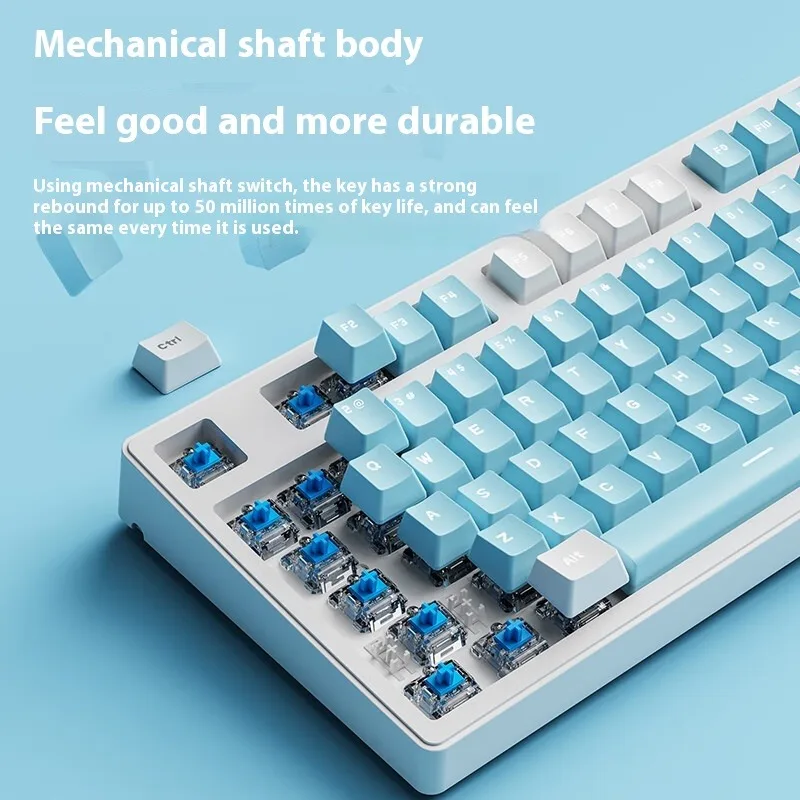 EWEADN MT87 Teclado mecánico inalámbrico ratón Combo interruptor azul tri-modo retroiluminación blanca 87 teclas azul blanco Keycap para oficina