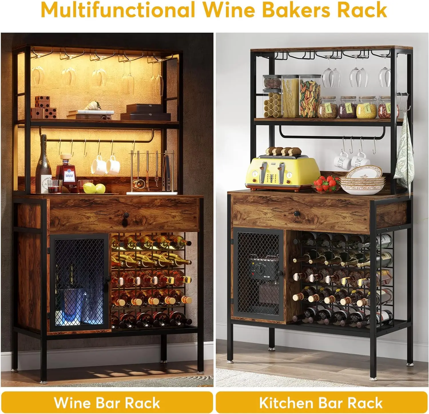 Wine Bar Cabinet with Storage Drawer, 64 Inches Tall 32-Bottles Large Capacity Freestanding Wine Rack Bar Cabinet with 6 Hooks