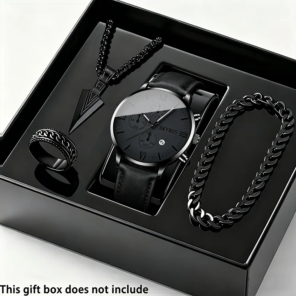 4pcs Men's Watch & Jewelry Set Casual Quartz Watch for Men Necklace, Men's Bracelet, Men's Ring Elegant Men's Watch Men Watch