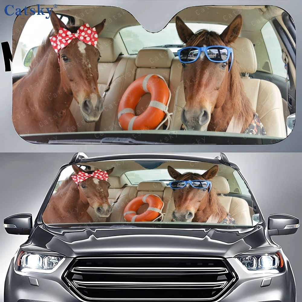 Two Horses With Glasses Are Lounging In The Rear Seat Of A Vehicle, Surrounded By Car Sunshades And A Front Window Cover, Perfec