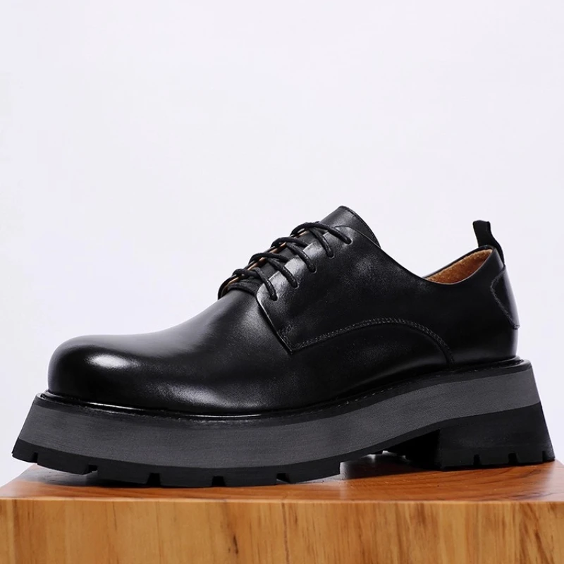 England Dress Shoes for Men's Genuine Leather Thick Platform Height Increasing Shoes Commuting Comfortable Casual Derby Shoes