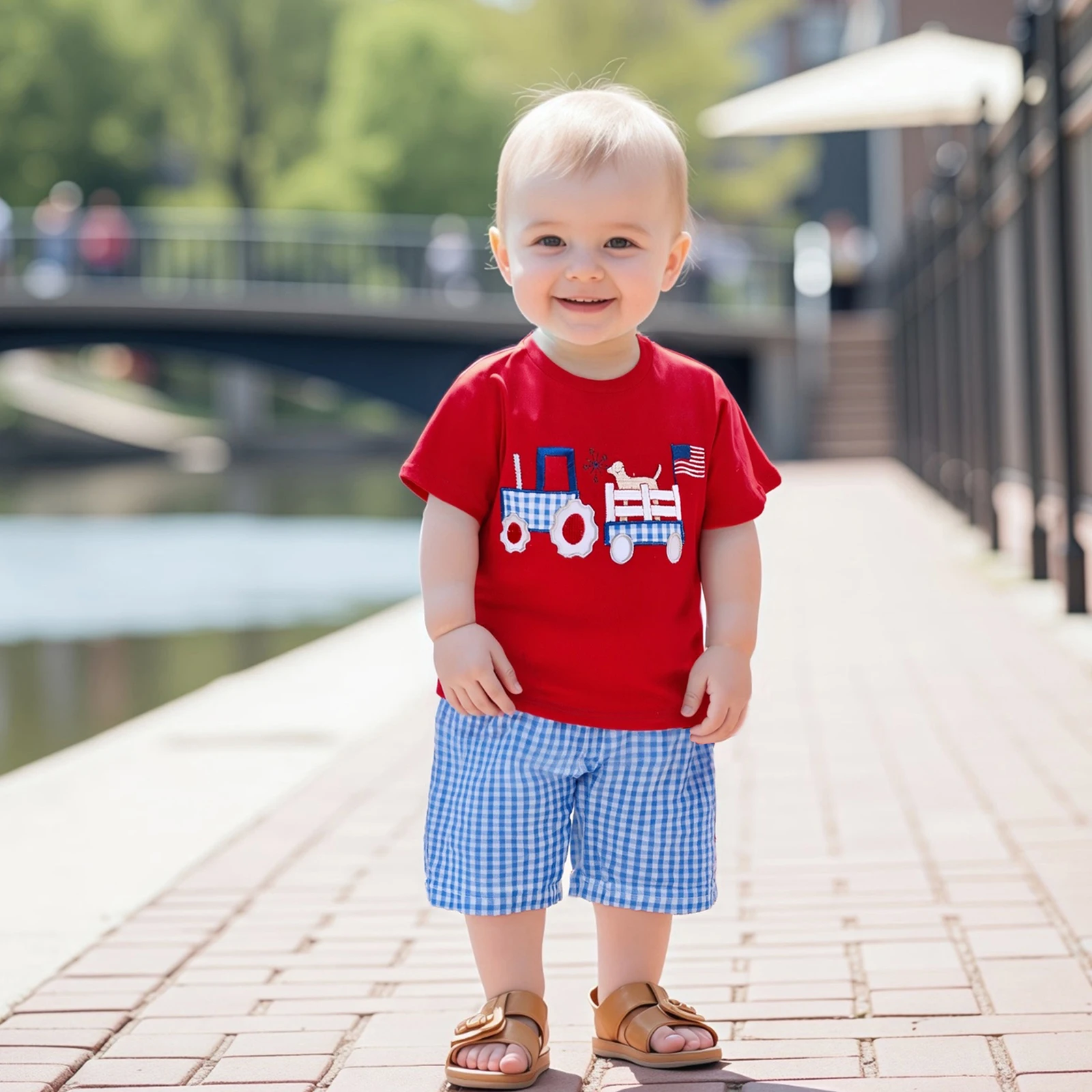 

Baby Clothing Boys Patriotic Summer Outfits Embroidery Short Sleeves T-Shirt and Elastic Plaid/Stripe Shorts Set