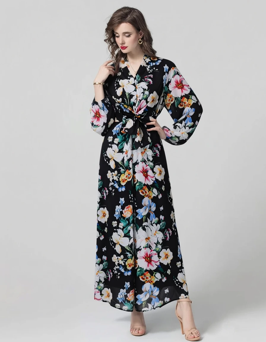 Abito lungo da donna con stampa floreale nera - Abito avvolgente a maniche lunghe con scollo a V e cintura da annodare Abiti firmati
