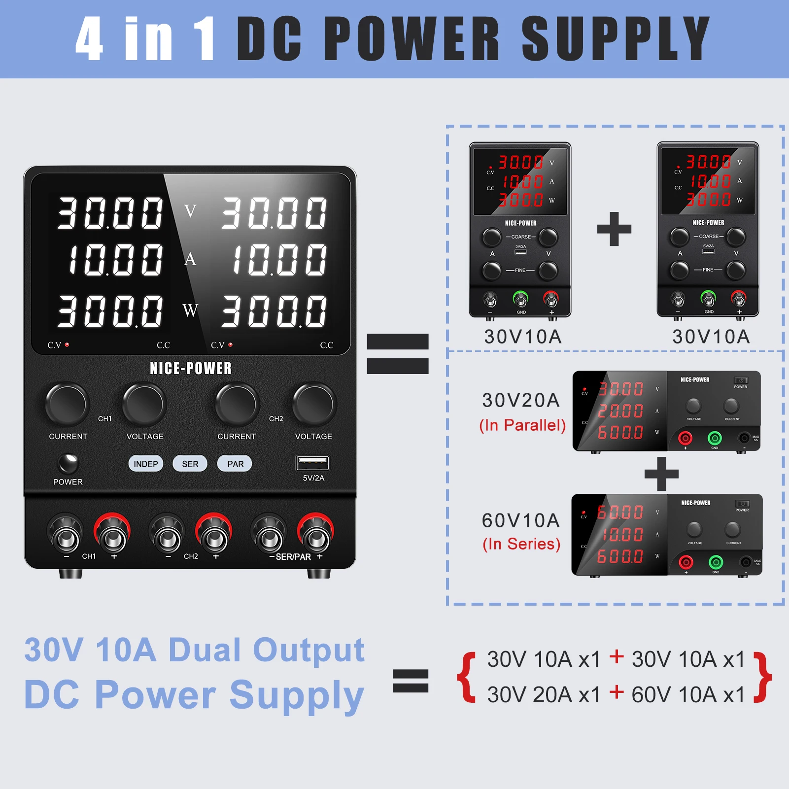 NICE POWER SPS3010-2KD 3 Way Laboratory Power Supply 30V 10A 20A 60V 5A Student Power Supply 1-Key Series Parallel USB Output