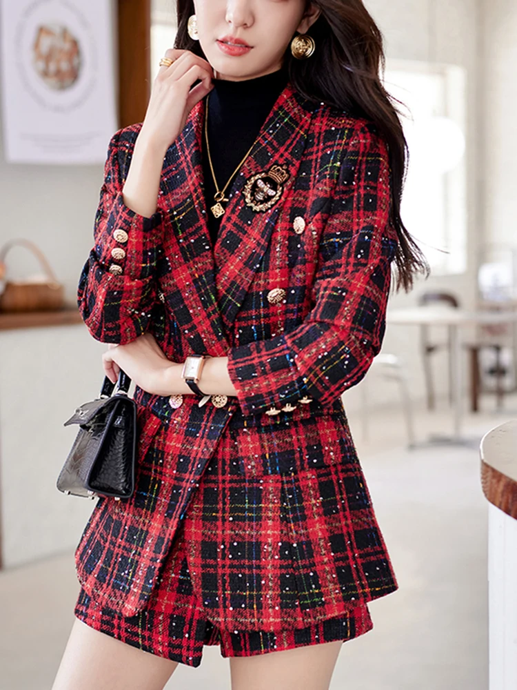 ZJYT Elegant Plaid Tweed Blazer Shorts Suits Autumn Winter Outfits for Women 2 Piece Business Chic Office Matching Set Plus Size