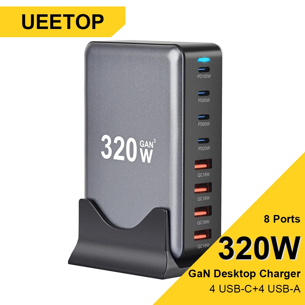 Ueetop 320W Multi USB Type C Fast Charger GaN 8 Ports 4C 4A Charging Station for iPad iPhone 15 14 13 Samsung S22 Xiaomi Tablet