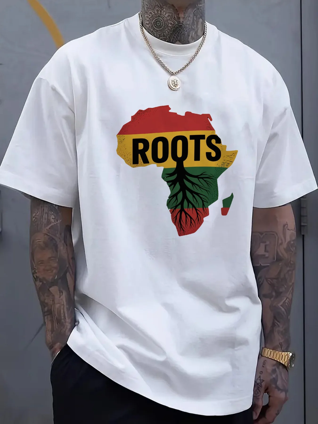 Men's Black Africa Roots Graphic T-Shirt - Vibrant Pan-African Colors Geometric Print, Short Sleeve Round Neck Casual Streetwear