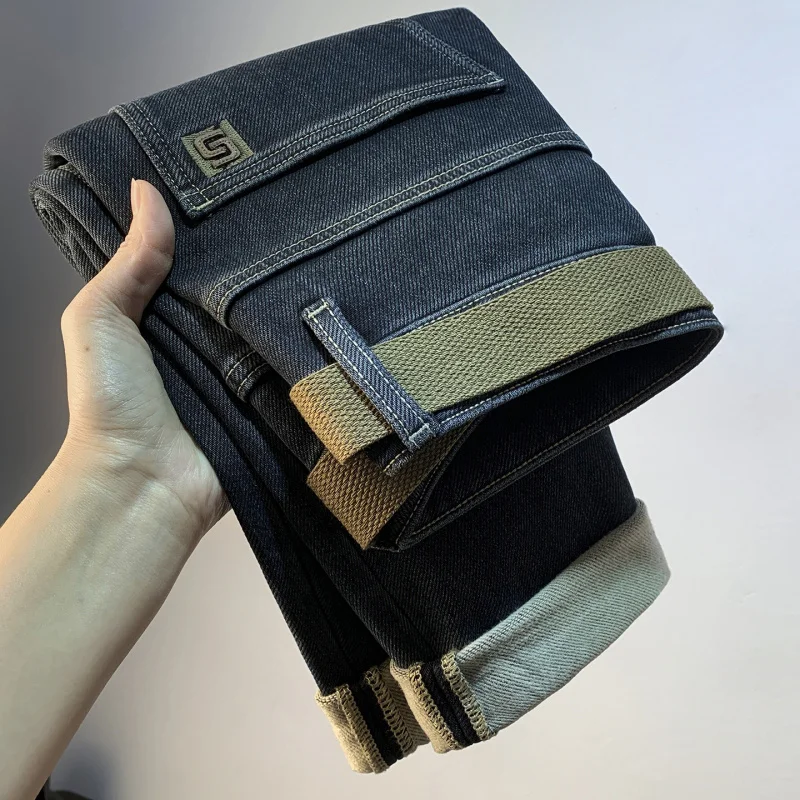 

Black grey winter jeans for men with thick fleece and warm fit, slim fit and elastic denim casual pants for small feet