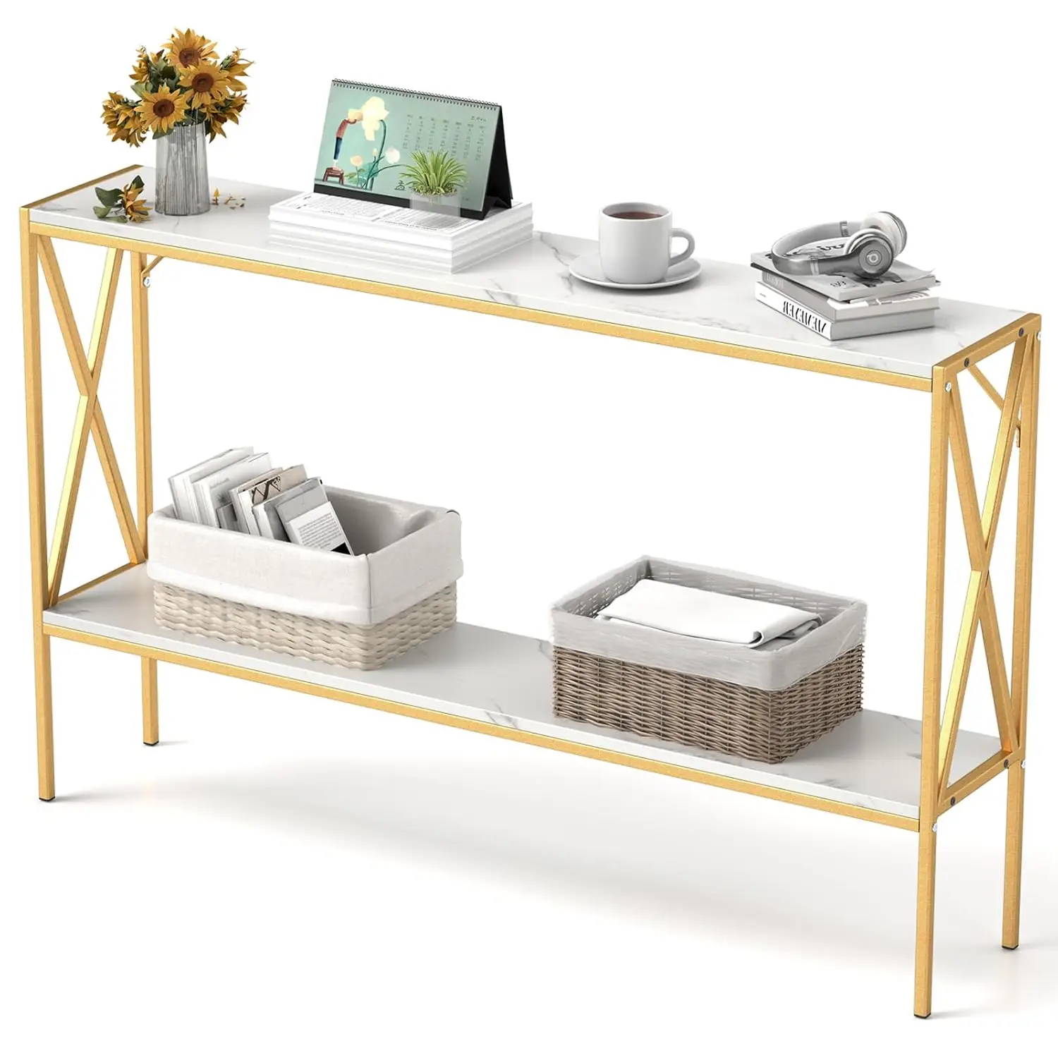 

47in Narrow Console Table 2-Tier Open Storage Shelves X-Frame Faux Marble Sofa Table for Living Room Hallway Office, Customized