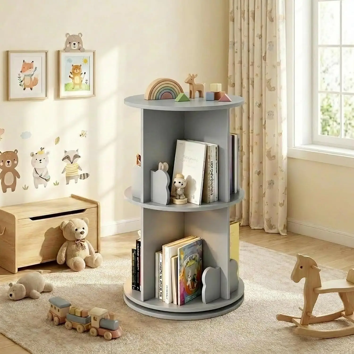 Wooden Spinning Bookshelf 360° Rotating Corner Organizer W/Baffles Toddler Shelf Nursery Playroom 2-Tier, Customized