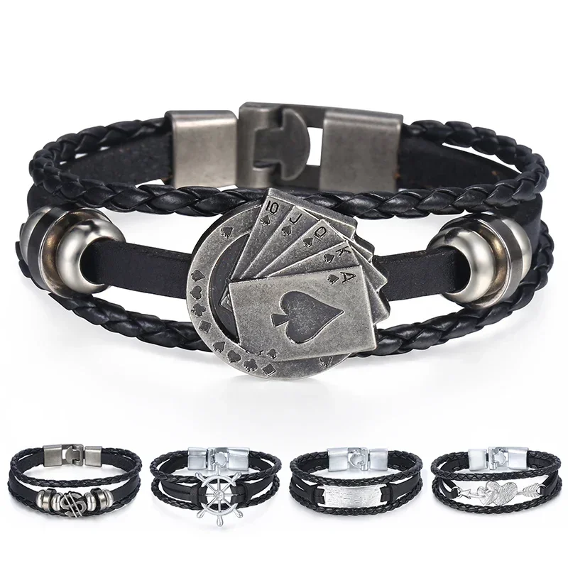 Men's Leather Bracelets Vintage Lucky Poker Card ID Stars Bar Charm Multilayer Strand Bracelet Male Jewelry Gift image 3