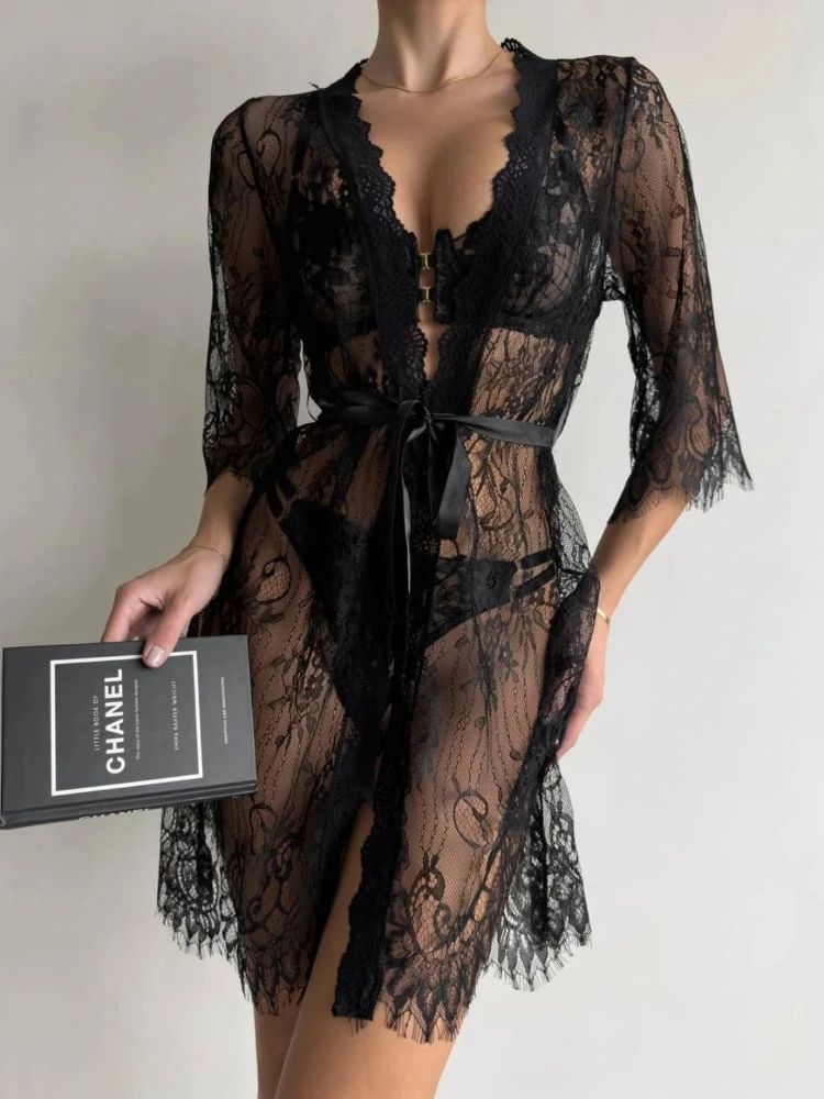 Tornova Sexy Mesh Robe for Women Solid Color Lace Patchwork Mesh See-through Sleeping Gown Sexy Lace Up Women's Home Clothes New