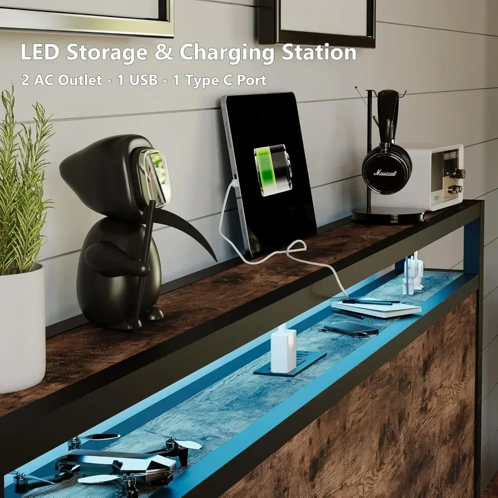 

A Extra large bed frame headboard with built-in storage space, metal extra large bed frame with charging station and LED lights