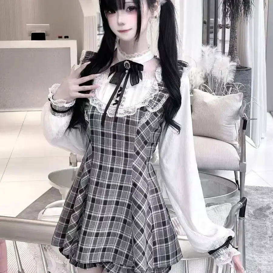 

Japanese Preppy Style Sweet Elegant Long Sleeve Sets Women Y2k Lolita Plaid Lace Vintage 2 Piece Sets Female Bow Chic Outfits
