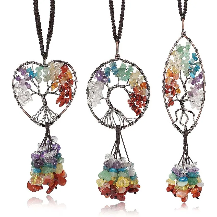 Crystal Chip Stone Tree Life Pendants For Women Natural Chakra Crystal Round Heart Olivary Hanging Car Pendant Home Decoration