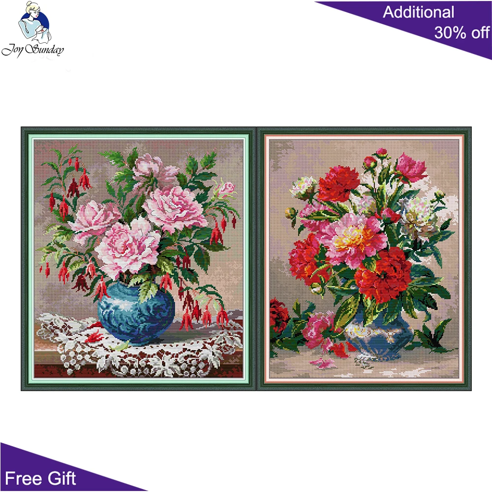 Joy Sunday Roses and Fuchsia Peonies, Chinese National Flower, Peony Brings Wealth and Honor, Cross Stitch Kits, HA081, HA082