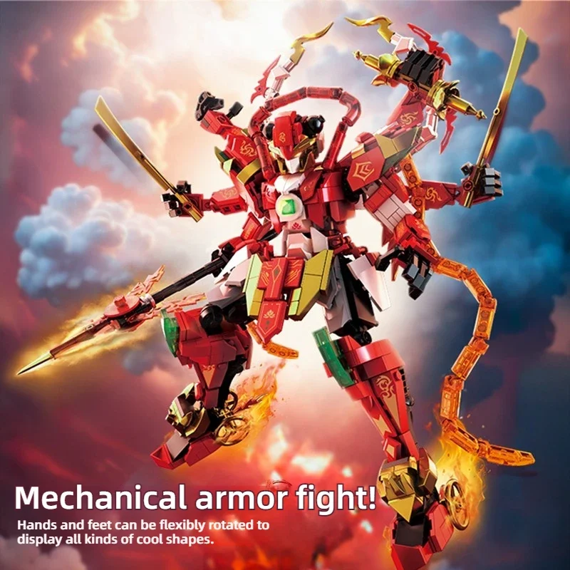 

Chinese Mech Nezha Building Blocks 906PCS Cool Red Robot Figure Collectible Kit Holiday Birthday Gift for Kids Fans