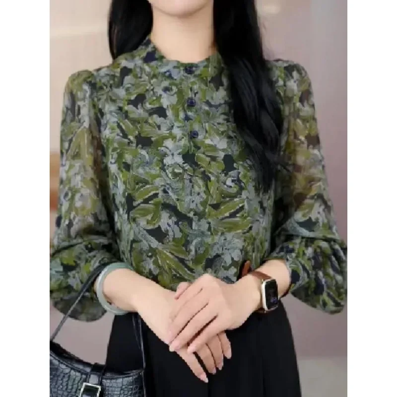 

Fashion Vintage Floral Chiffon Blouse Women's Spring Summer New Long Sleeve Elegant Top XQ541