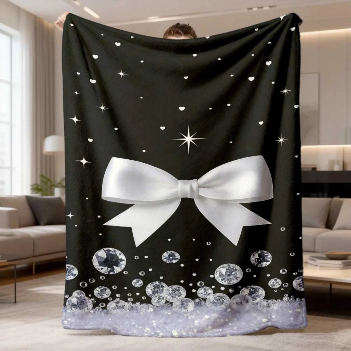 Black Base White Bow Diamond Star Throw Blanket for Indoor Sofa Bed Daily Use Birthday Anniversary Elegant Home Offering