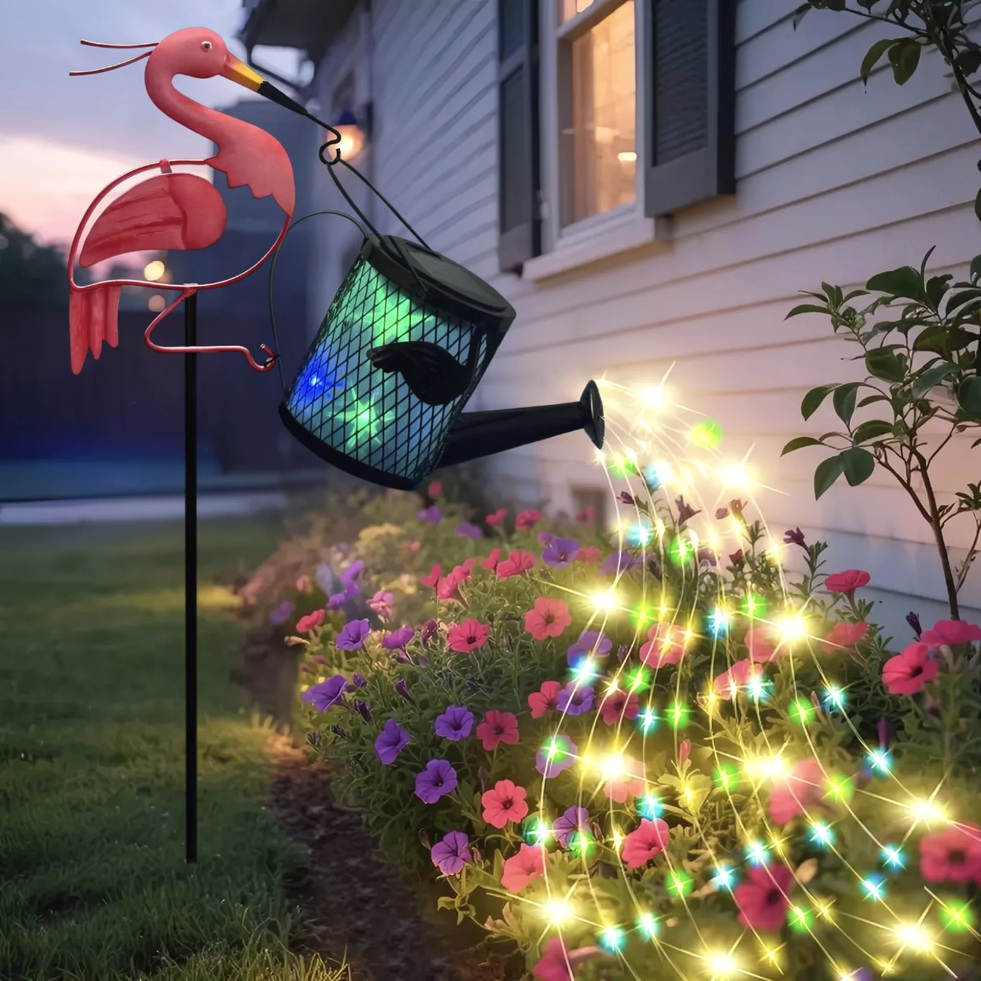 Solar Garden Lights Outdoor Flamingo Watering Can Light Waterproof LED Waterfall String Lights for Yard Patio Path Decoration