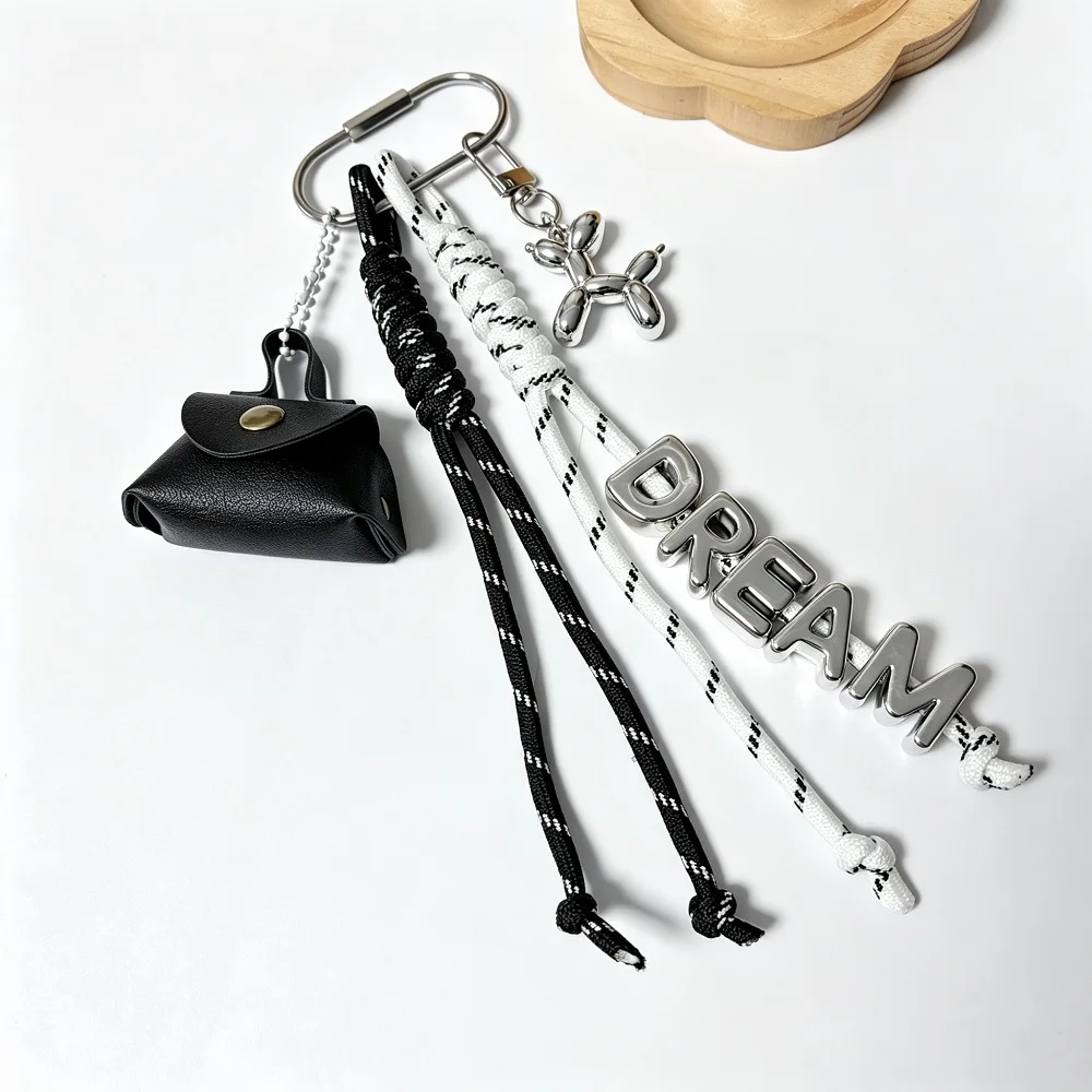 Mini Bag Paracord Keychain with Ballon Dog Charm, Lettering MAMA, WWJD, DREAM, SMILE, HAPPY