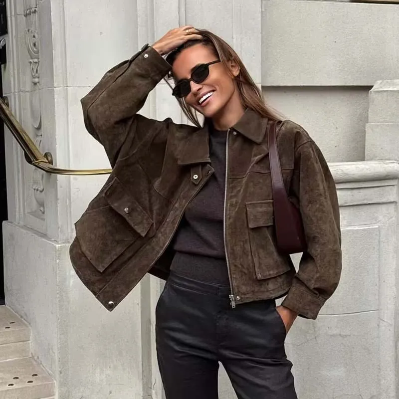 Women Front Patch Pockets Faux Leather Bomber Jacket Long Sleeve Zipper Autumn Winter Coat 2026 Loose Outerwear
