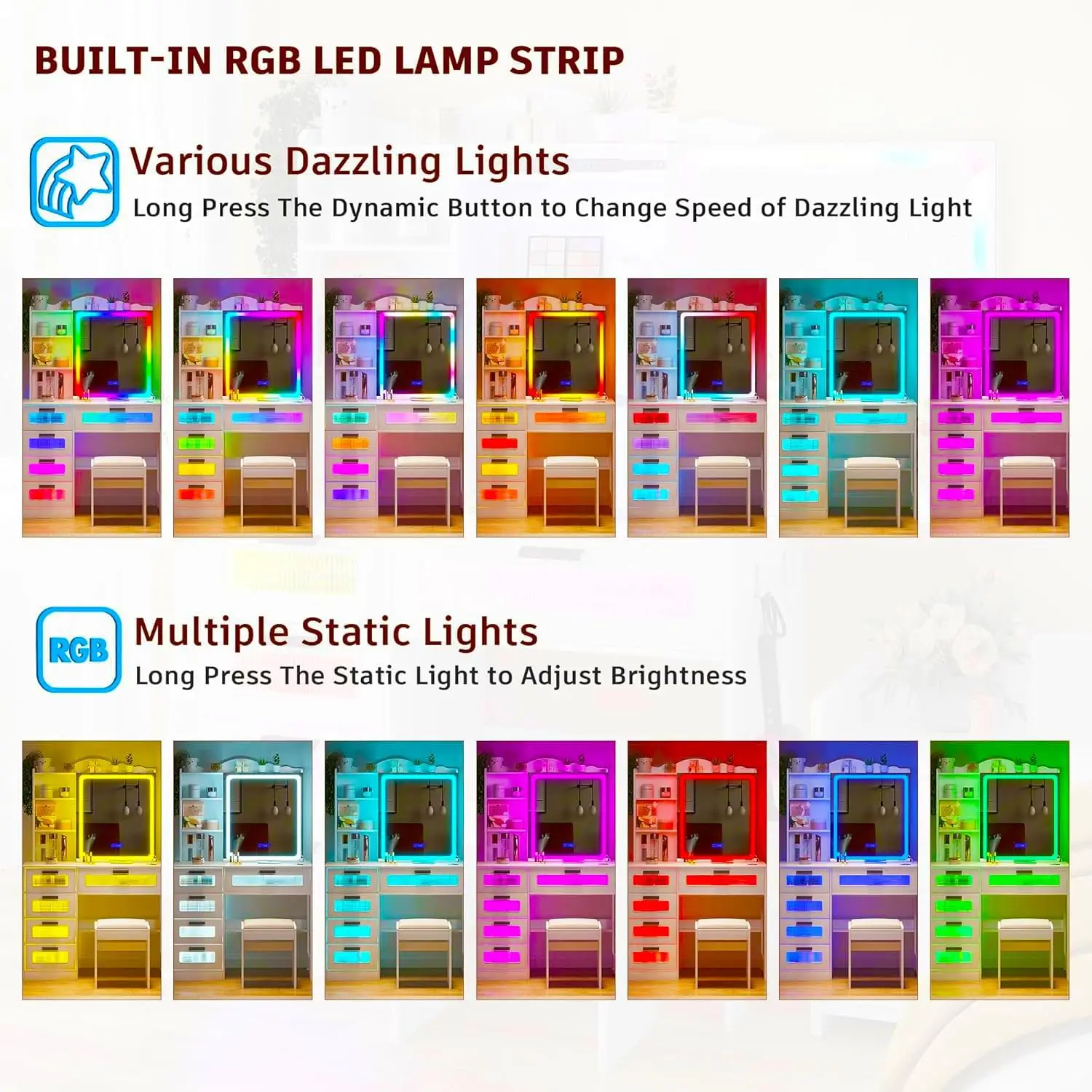 RGB LED Makeup Vanity Desk with Mirror, Charging Station & 5 Drawers, White Vanity Set with Stool