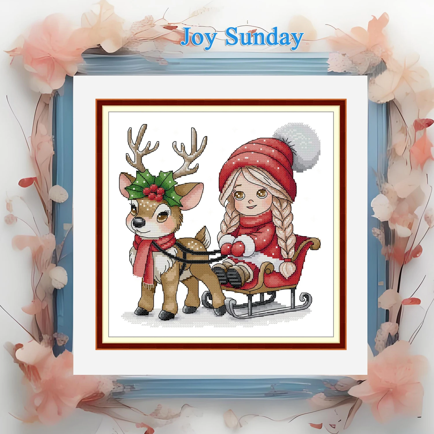 

Joy Sunday Pre-printed Cross Stitch Kit Easy Pattern Aida 11CT/14CT/9CT Stamped Fabric Full Embroidery Set-Reindeer Sleigh Girl
