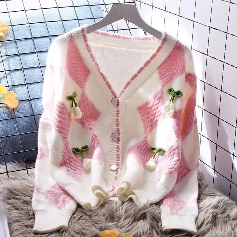 

Diamond Check Short V-neck Sweater Coat Women Wear Spring New Japanese Sweet Knit Cardigan High Appearance Level High Quality