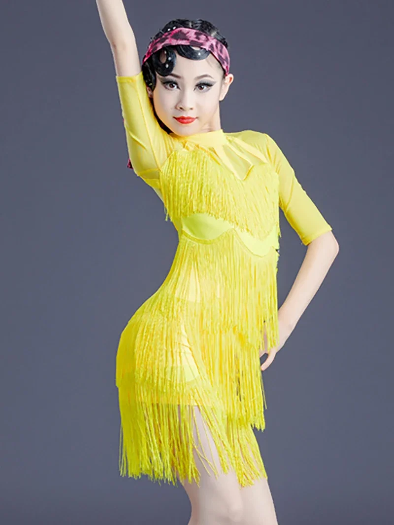 Bambini Ragazze Nappa Catena Maglia Giallo Vestito da ballo latino Abbigliamento per spettacoli teatrali Cha Cha Concorso Bambini Sala da ballo Dancewear