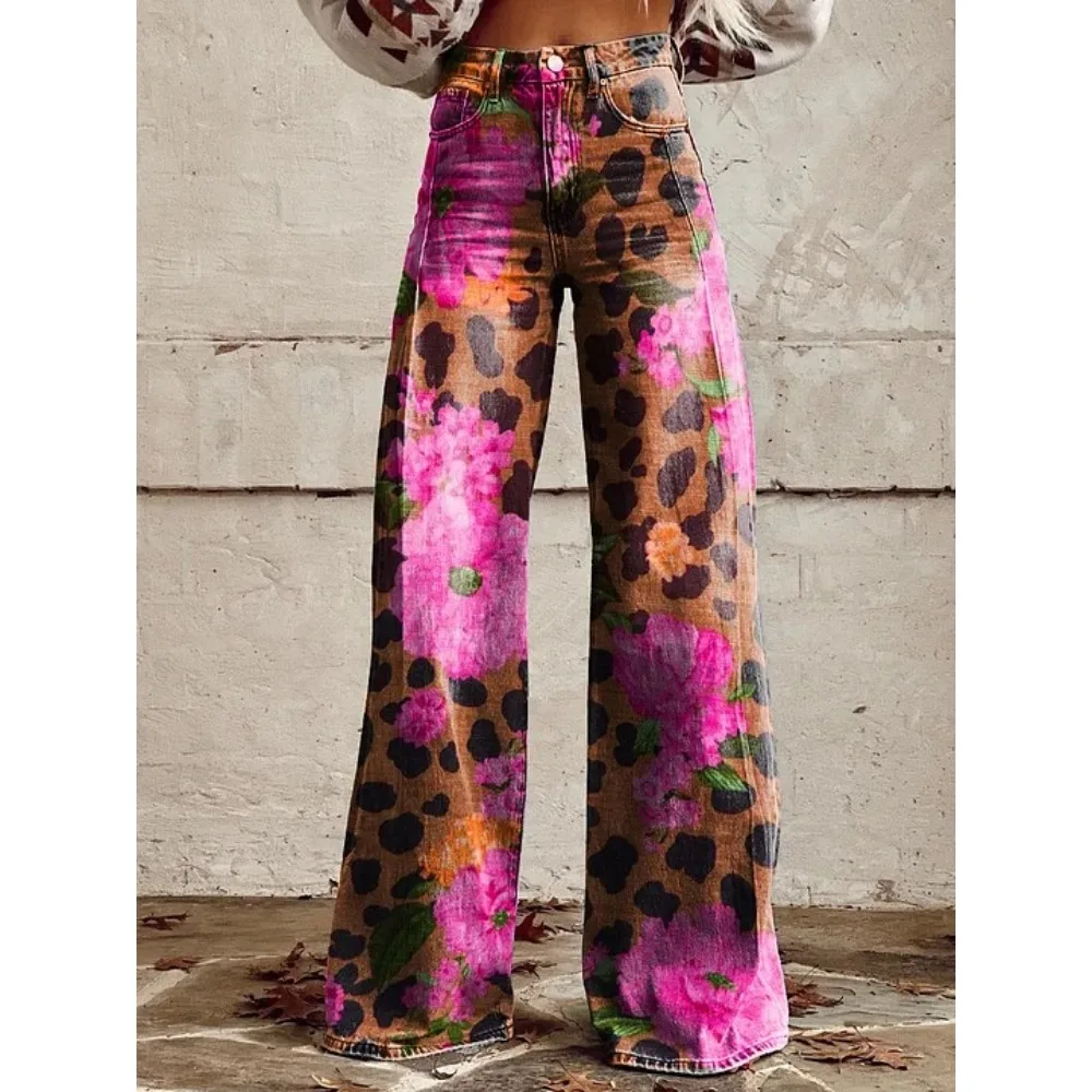 Vintage Leopardenmuster Weite Hose 100% Baumwolle Hohe Taille Locker Sitzende Lässige Palazzo-Hose Sommer Urlaub Streetwear Hose – Detail 12