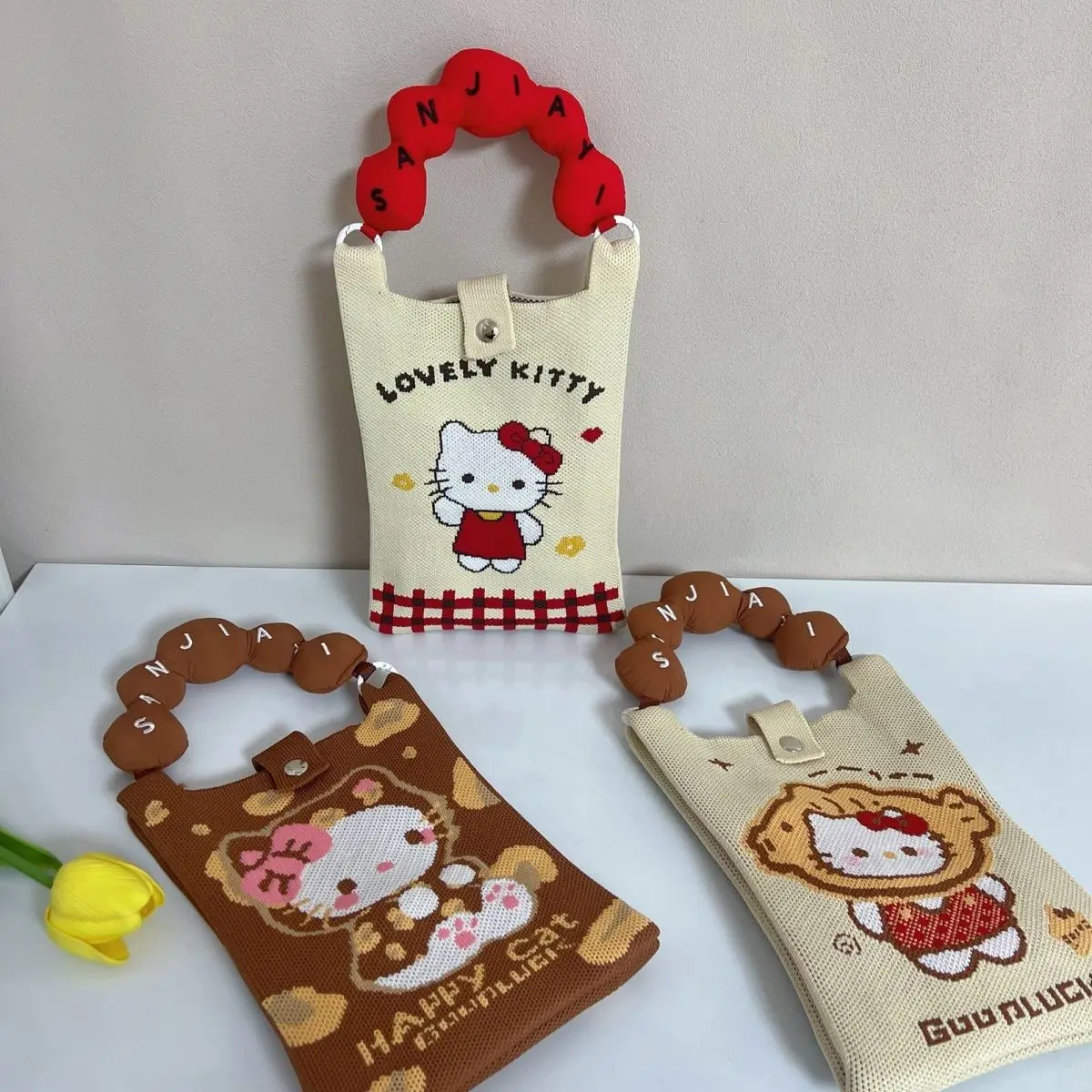 

Fashion Hello Kitty Women's Handbags Sanrio bag cute new knitted cartoon handbag mini one-shoulder knitted woven crossbody bag