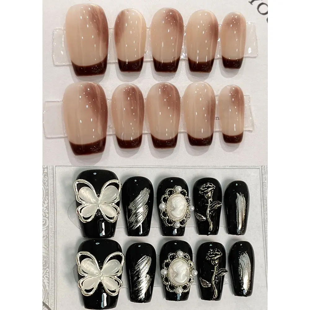 10 teile/beutel Herbst Wein Rot Frech Smudge Schwarz Schmetterling Rose Deco Handgemachte Presse Auf Nägel Kurze Sarg Abnehmbare Falsche Nägel