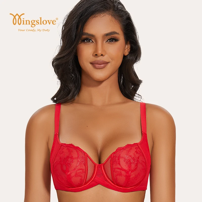 Wingslove Women's Sexy Lace Bras Sheer Mesh bra Balconette Unlined Underwire Embroidered Underwear Valentine's Day