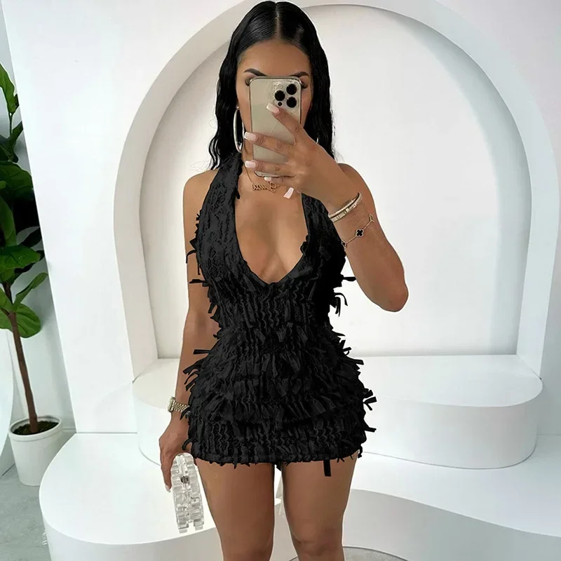 Sukienka damska 2025 Sexy Halter Tassel Biała Y2K Elegancka Prześwitująca Letnia Modna Bez Pleców Obcisła Elastyczna Midnight Bodycon Clubwear