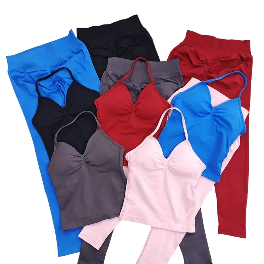 

Training Solid Color Leggings and Neck Vest Two-piece Sportswear Women's Yoga Fitness Seamless Pilates Clothing Yoga Set