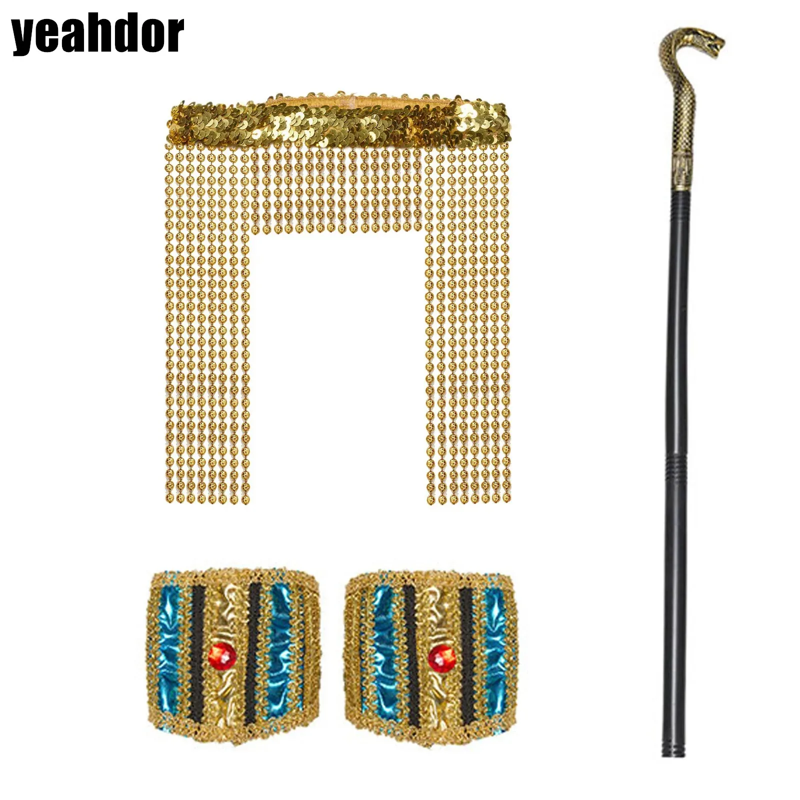 

Egyptian Cleopatra Pharaoh Costume Accessories Headwear Neck Collar Wristband And Snake Head Scepter Props for Halloween Party