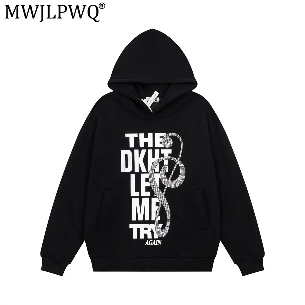 MWJLPWQ Letter Rhinestone Print Hooded Sweatshirt American Trendy Spring Autumn Streetwear New Men's Loose Casual Tops 17631