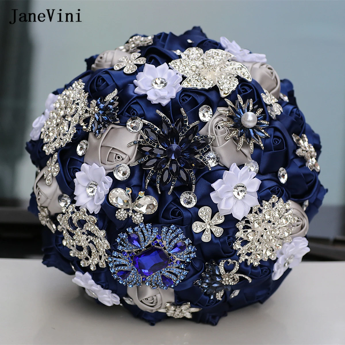 JaneVini Elegant Navy Blue Satin Roses Bridal Bouquets Shiny Rhinestone Crystal Brooch Stitch Artificial Wedding Bouquet Flowers