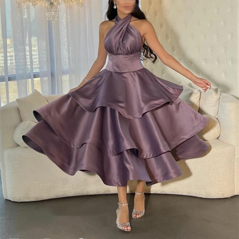 MOLISA Satin Tiered Formal Occasion Dresses 2024 Customized A-Line Halter Party Dress Backless Short Evening Gown فساتين الحفلات