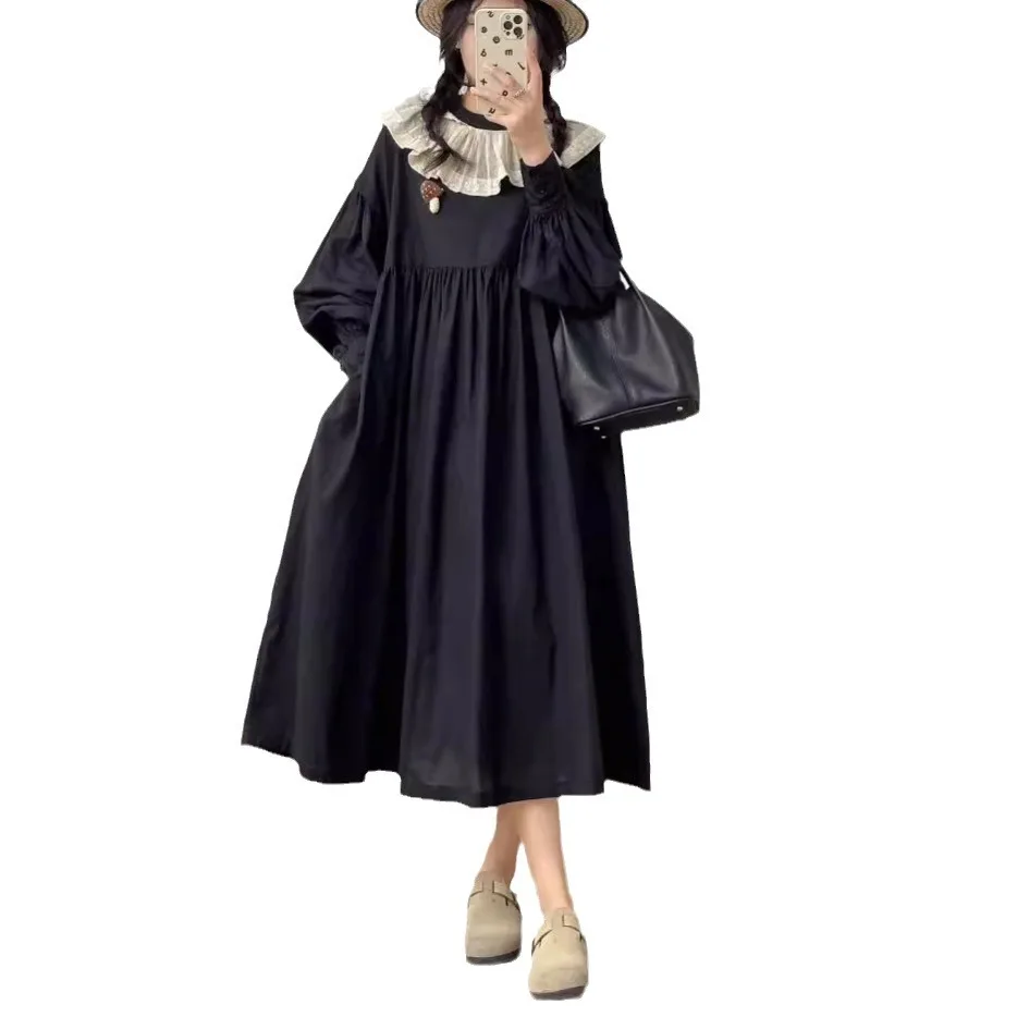 [Bereit auf Lager] Hochwertige Damen-Blusen-Hemdkleider aus 100 % Baumwolle, Lotusblatt-Kragen, lockeres, langes Kleid mit Fleischüberzug