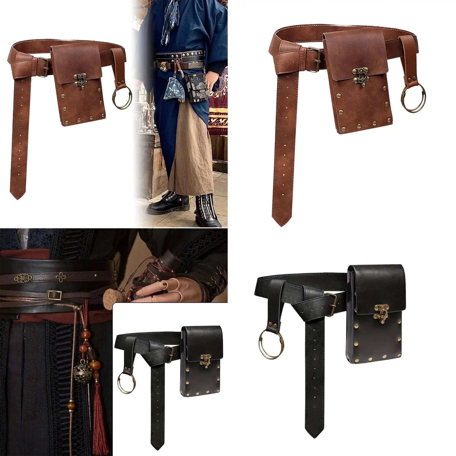 

Belt Pouch Waist Bag Portable Steampunk Cosplay Costume Adjustable PU Leather Belt for Performance Carnival Halloween Festival