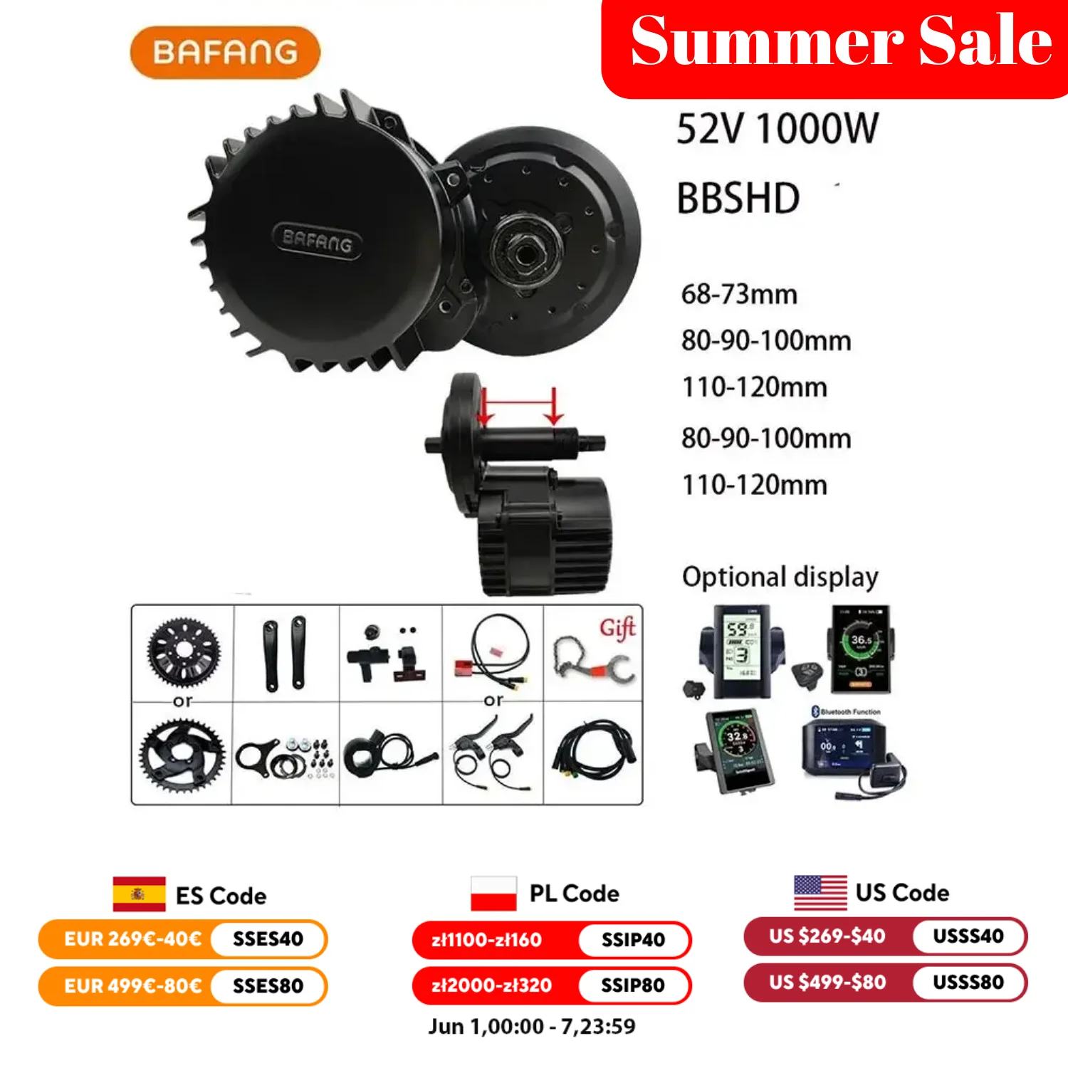 BAFANG-Ebike Conversion Kit, Mid Drive Motor, BBSHD, BBS03B, BB, 68mm, 73mm, 90mm, 100mm, 110mm, 120mm, 48V, 52V, 1000W