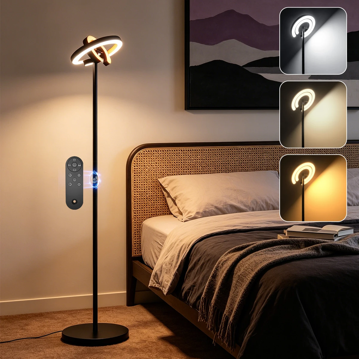 Moderne LED-Stehlampe mit Touch- & Fernbedienung, Unabhängige Innen-/Außenlichtsteuerung, 3 Lichtmodi mit Speicherfunktion, Hohe Stehlampe zum Lesen, Arbeiten, für Schlafzimmer