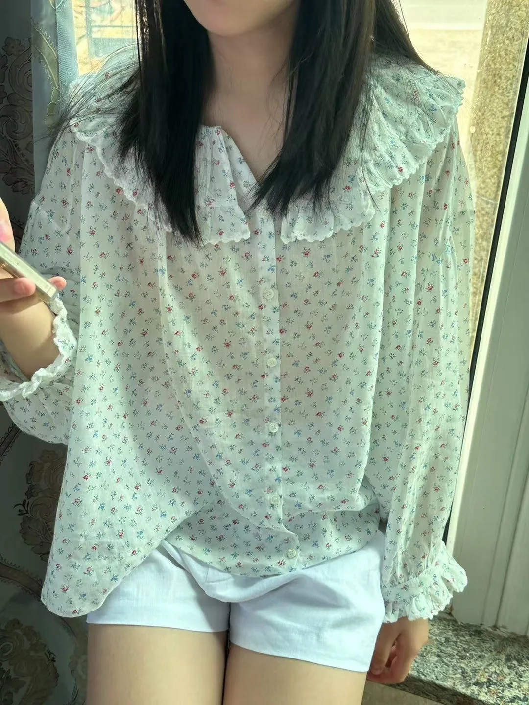 

Women Flower Print Blouse Top Ruffles Spliced Round Neck Long Sleeve Single Breasted Casual Female 100% Ramie Shirt