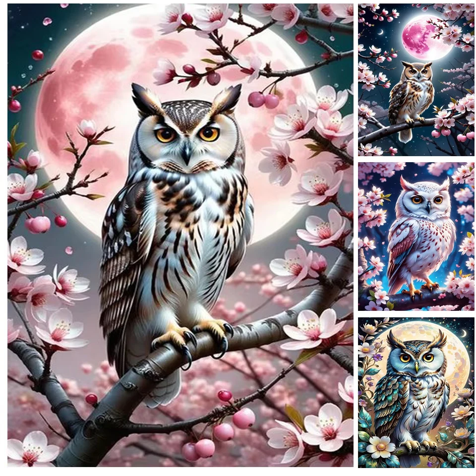 Elmas boyama sevimli ay ağacı baykuş hayvan resim Rhinestones mozaik kiraz çiçekleri çiçek elmas nakış el yapımı hobi