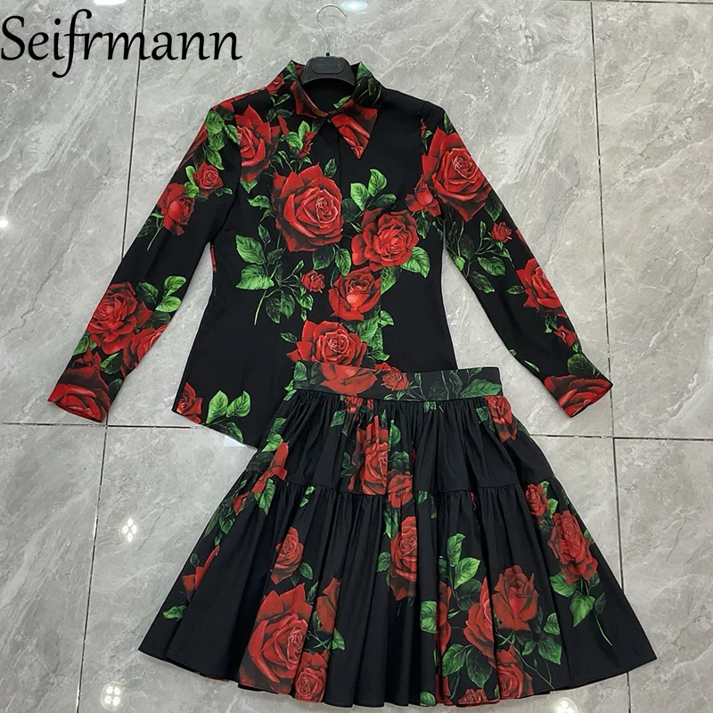 Seifrmann Casual printed two-piece lapel long-sleeved silk top high-waisted cotton skirt suit 2026 summer new women's clothing