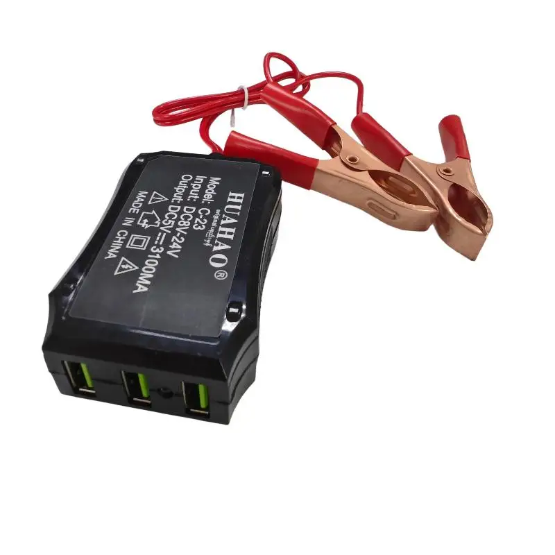 Universal Battery Clip Charger 12V 24V to 5V 3 USB Charging Ports for Phone Laptop Vehicle Repair Use